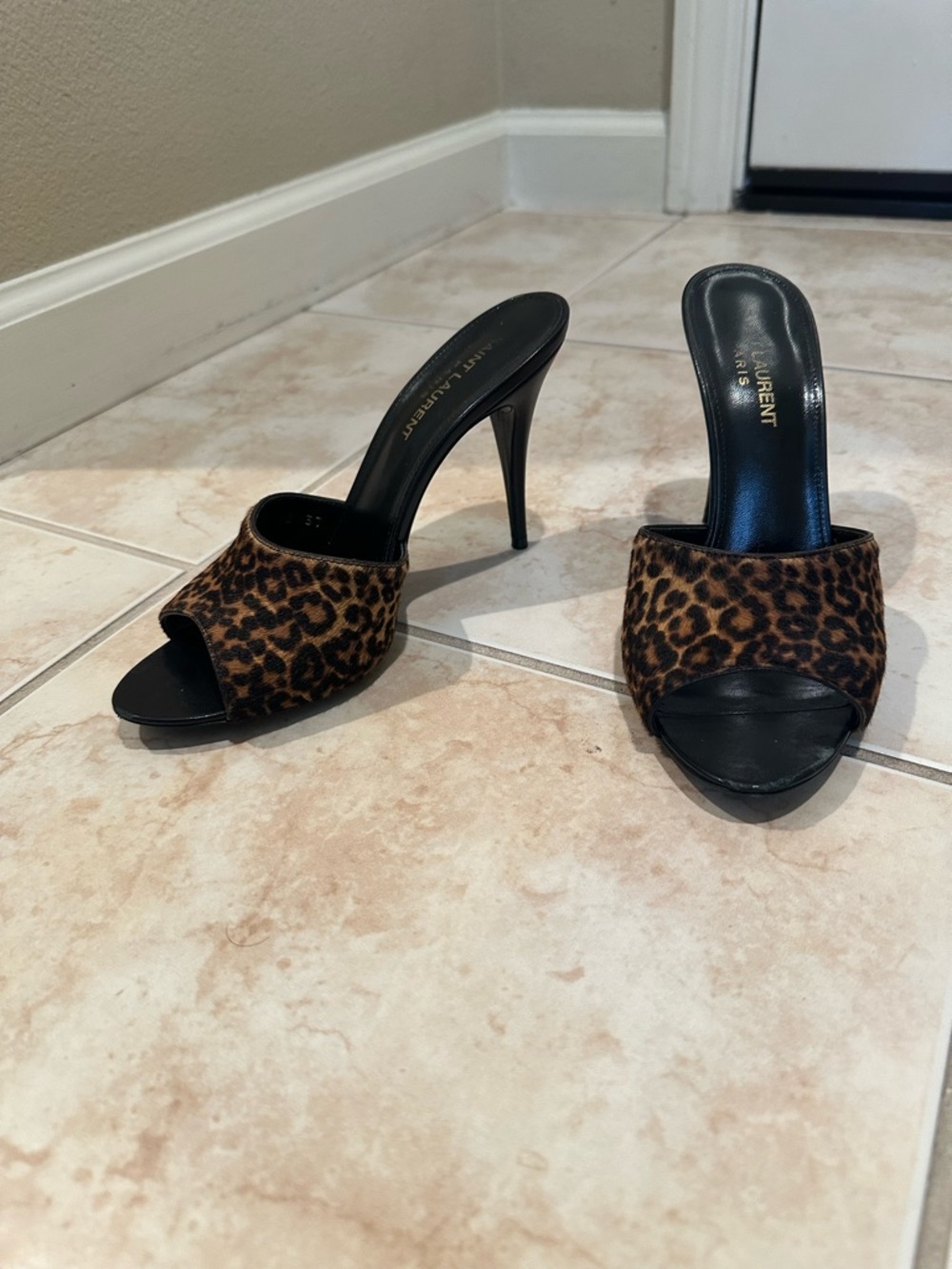 Saint Laurent Leopard-Print Open Toe Mules in Brown and Black